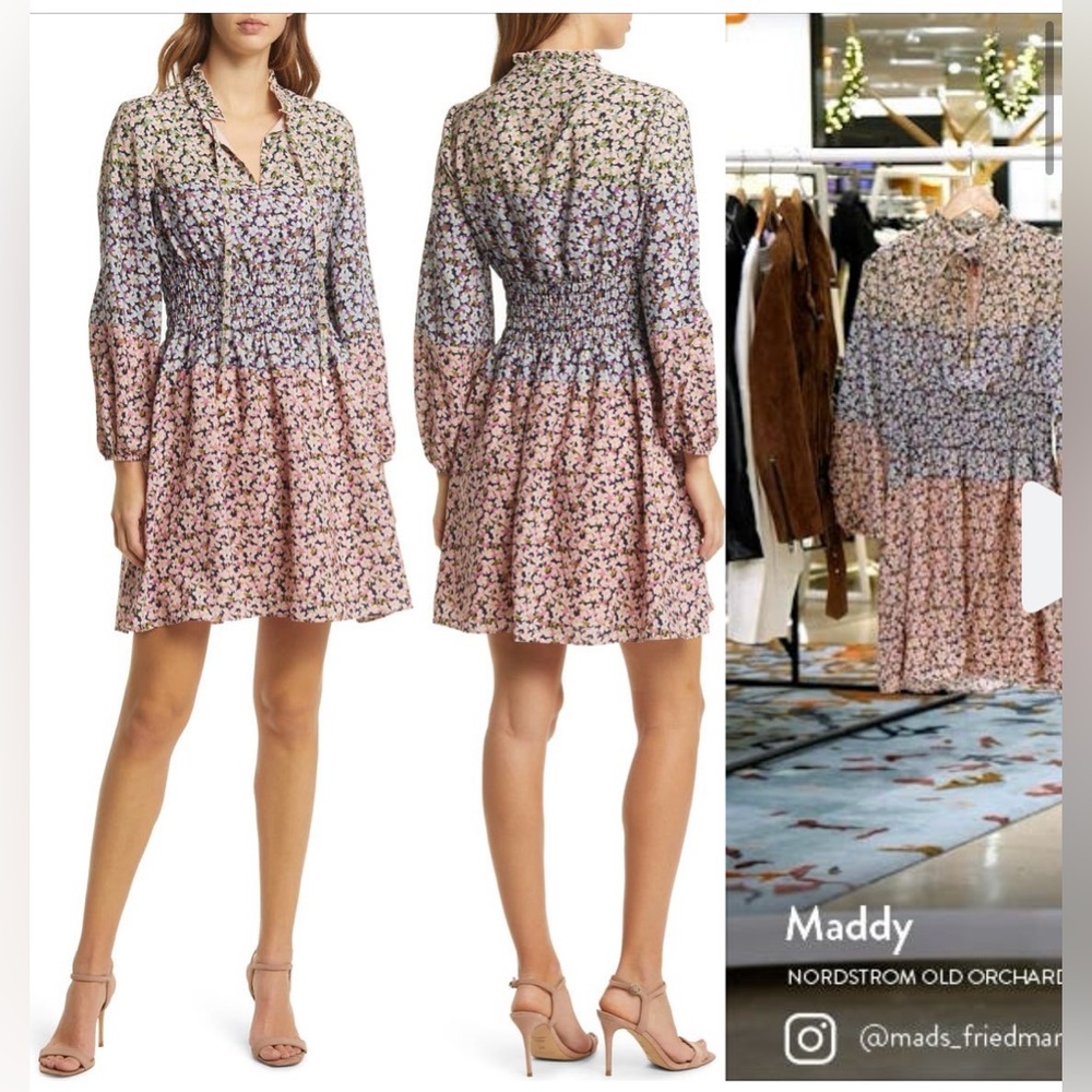 Vince Camuto Floral Smocked Waist Long Sleeve Dress